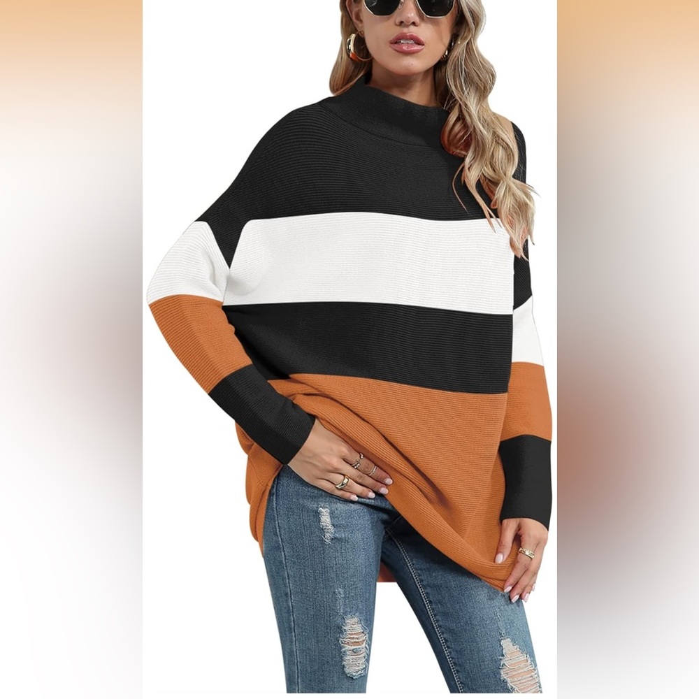 ANRABESS Womens Striped Oversized Turtleneck Long Knit Pullover Tunic Sweater